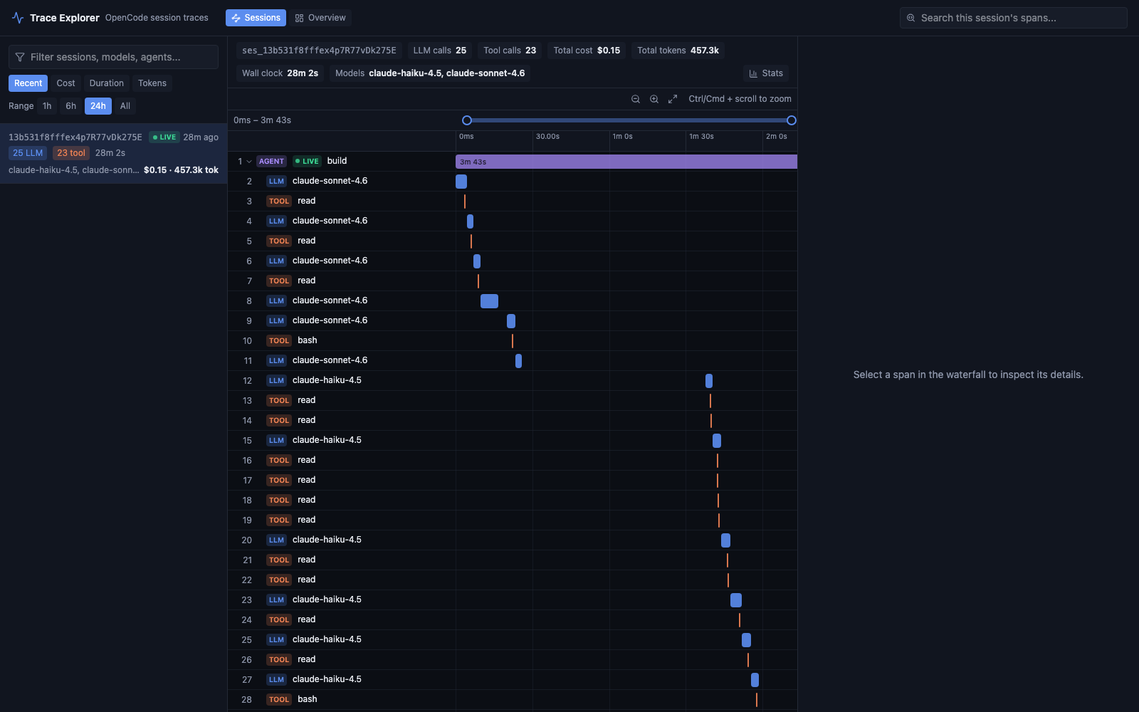 Trace Explorer Sessions view